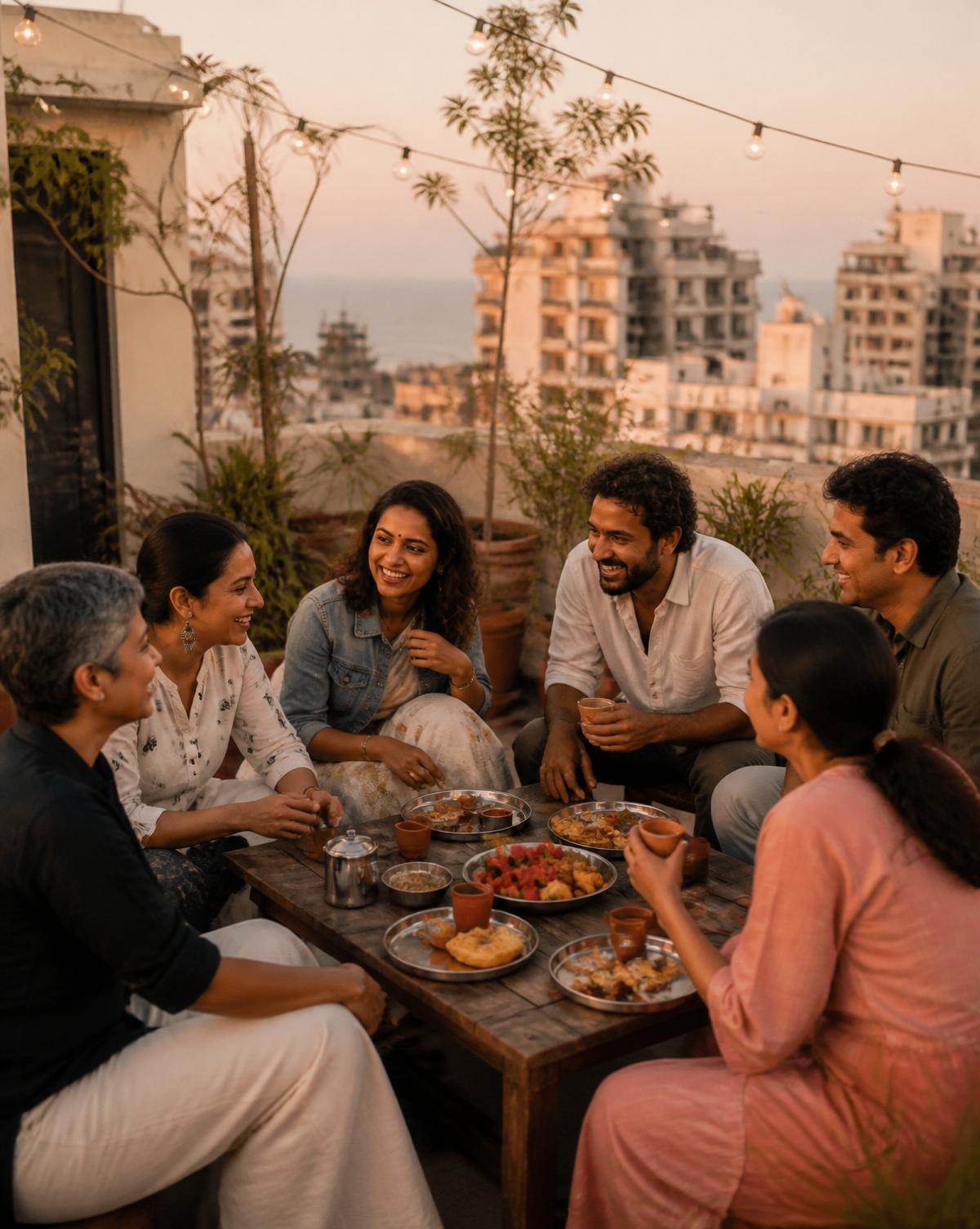 A rooftop dinner gathering of friends in modern urban India at golden hour